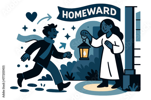 Welcoming Lantern Glow. Keeper of the Hearth ? Lantern on the Porch. A small lantern casts a welcoming circle; footprints approach through the dusk. Banner