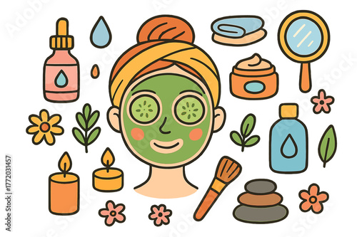 Rejuvenating Facial Icons. rejuvenating facial. Colorful Hand-drawn doodle Children illustration rejuvenating facial face mask, cucumber slices, headband,