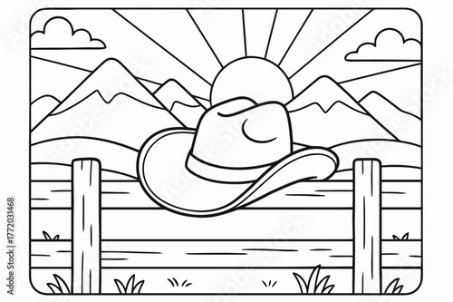 Cowboy Hat Coloring. Western sunset children?s coloring book illustration, outlined drawing, cowboy hat resting on a fence with mountains and sun rays in the