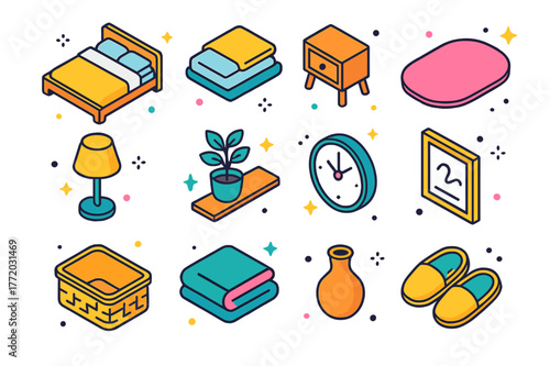 Minimalist Bedroom Icons. Minimalist bedroom design. Colorful isometric vector icons set of Minimalist bedroom design: platform bed, linen bedding, nightstand,