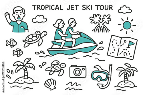 Tropical Jet Ski Adventure. // Tropical jet ski tour. Hand-drawn doodle illustration Tropical jet ski tour [tour guide icon (accented), jet ski pair