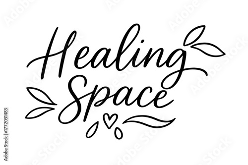 Healing Space Script. Healing Space ? brush script hand-lettering with fluid semi-cursive strokes, thin connectors, soft brush flicks; composition: centered;