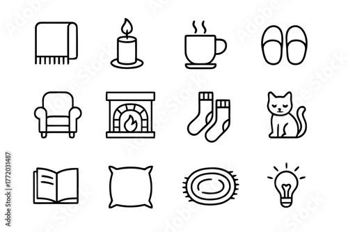 Cozy Home Icons. Cozy Home. Line icon set of Cozy Home: blanket, candle, steaming mug, slippers, armchair, fireplace, socks, cat, book, cushion, rug, warm