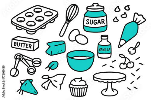 Dessert Baking Doodles. // Dessert baking. Hand-drawn doodle illustration Dessert baking [cupcake tray (accented), whisk, sugar jar (accented), butter stick,