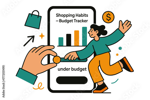 Budget Tracker Vibes. Shopping Habits ? Budget Tracker. Hands adjust a tidy slider on a phone; bars rise and settle with a soft glow. Caption ?under budget?