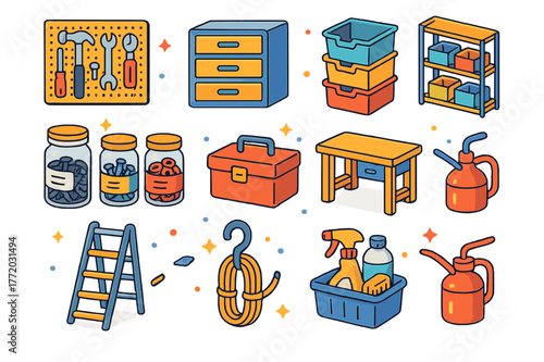Garage Storage Icons. Garage and workshop storage. Colorful isometric vector icons set of Garage and workshop storage: tool pegboard, drawers cabinet, storage