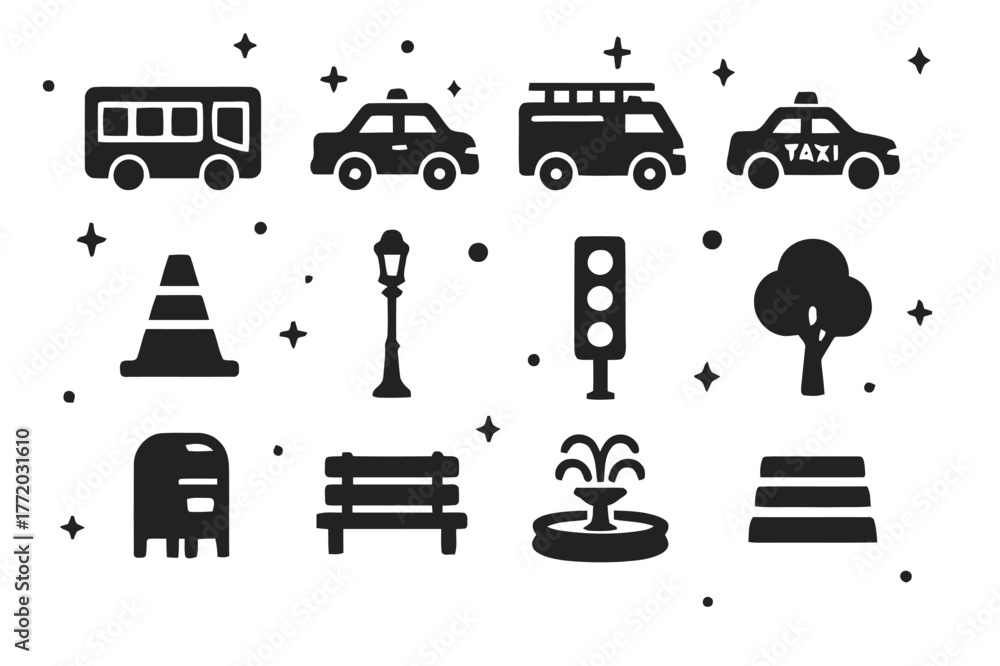Fototapeta premium City Icons. City Elements. Solid icons set of City Elements: bus, police car, fire truck, taxi, construction cone, lamppost, stoplight, tree,
