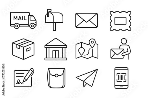 Mail Delivery Icons. Mail Delivery. Line icon set of Mail Delivery: mail truck, mailbox, envelope, postage stamp, parcel box, post office, delivery route map,