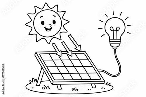 Solar Power Fun. How solar panels work children?s coloring book illustration, outlined drawing, a cheerful sun sending arrows of light to a panel connected to