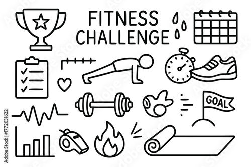 Fitness Challenge Icons. Fitness challenge. Hand-drawn doodle illustration fitness challenge trophy, checklist, calendar, push-up icon, stopwatch, sweat drops,