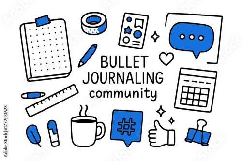 Bullet Journal Essentials. // Bullet journaling community. Hand-drawn doodle illustration Bullet journaling community [dotted notebook (accented), gel pen,
