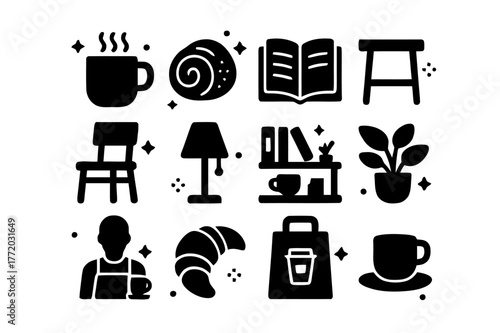 Reading Café Icons. Reading Café. Solid icons set of Reading Café: coffee mug, pastry, open book, table, chair, lamp, shelf, plant, barista cup, croissant,