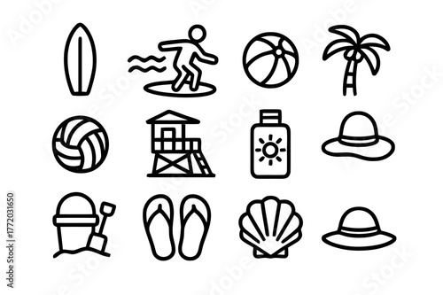 Beach Fun Icons. Outdoor beach fun. Line icon set of outdoor beach fun: surfboard, waves, surfer, beach ball, volleyball, lifeguard tower, sunscreen bottle,