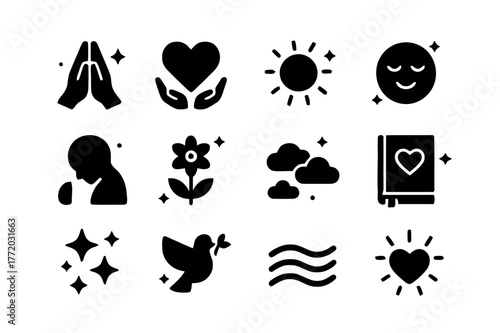 Icons of Gratitude. Relief and gratitude. Solid icons set of relief and gratitude: praying hands, thankful heart, shining sun, relieved face, bowed head,
