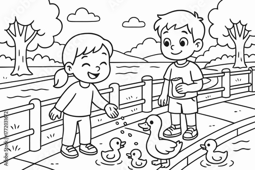 Riverside Fun Coloring. Embankment children?s coloring book illustration, outlined drawing, a peaceful riverside walkway with smiling kids feeding ducks near