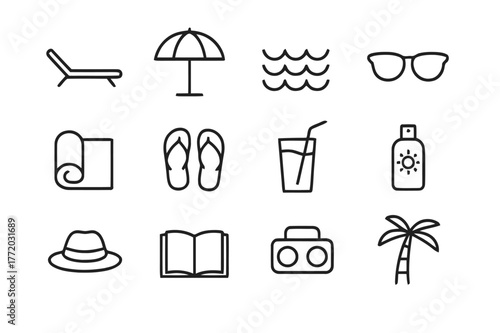 Poolside Relaxation Icons. Relaxing by the Pool. Line icon set of Relaxing by the Pool: sun lounger, umbrella, pool water ripples, sunglasses, towel, flip
