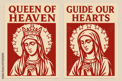 Queen of Heaven Banners. Queen of Heaven. Two vertical A6 banners with safe margins, centered composition, no elements touching edges, bold, red and beige,