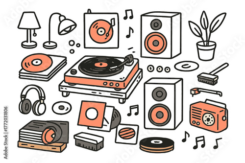 Colorful Turntable Setup. Turntable setup. Hand-drawn doodle illustration record player (colored), vinyl records (colored), turntable (colored), speaker