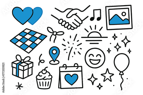 Connected Hearts Doodle. Renewed connection. Hand-drawn doodle illustration renewed connection [two hearts linked (accented), clasped hands (accented), picnic