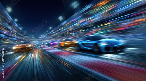 cars racing on a racetrack blurry motion  