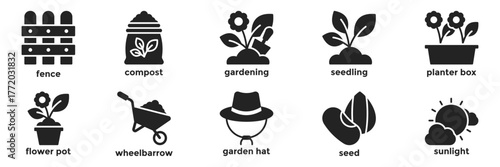 Gardening solid icons set of tools, plants, seeds, and growth elements. Perfect for apps, education, farming, landscaping, and nature design projects.