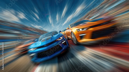 cars racing on a racetrack blurry motion  
