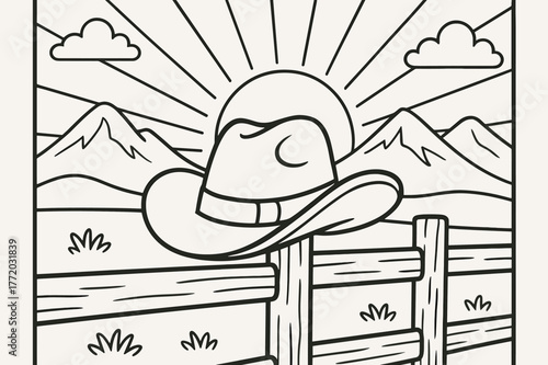 Cowboy Hat Coloring. Western sunset children?s coloring book illustration, outlined drawing, cowboy hat resting on a fence with mountains and sun rays in the