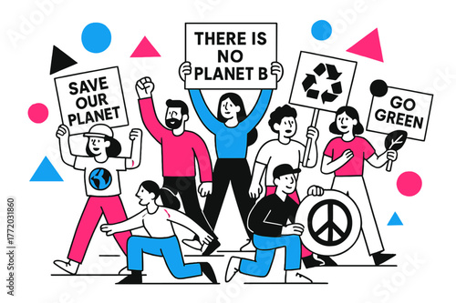 Vibrant Eco Protest. Environmental Protests. Street filled with demonstrators holding eco-friendly signs with floating abstract geometric shapes, vibrant and