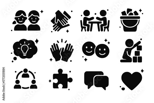 Collaborative Play Icons. Collaborative Play. Solid icons set of Collaborative Play: two children, teamwork hands, shared table, bucket of blocks, idea cloud,