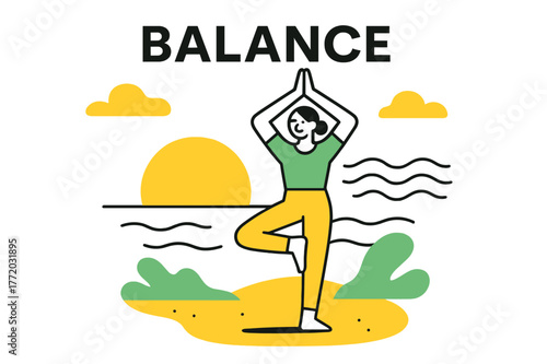 Yoga by the Sea. People engaging in sports and recreational activities ? Yoga by the sea. Calm figure balances in tree pose; flowing wave lines mimic breath.