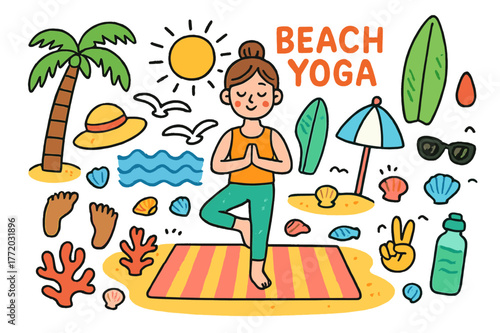 Beach Yoga Doodles. Beach yoga. Colorful Hand-drawn doodle Children illustration Beach yoga yoga mat on sand, seashells, waves, palm tree, sun hat, water