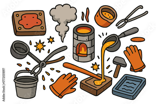 Colorful Metal Casting Doodles. Metal casting. Colorful Hand-drawn doodle Children illustration Metal casting clay mold, molten metal, crucible, ladle,