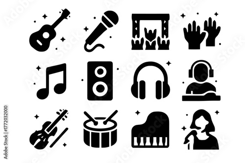 Music Festival Icons. Music Festival. Solid icons set of music festival: guitar, microphone, stage, crowd, music note, speaker, headphones, DJ, violin, drum,
