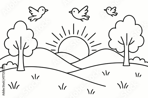 Sunset Coloring Page. Country sunset children?s coloring book illustration, outlined drawing, sun setting behind hills with trees and birds flying, educational