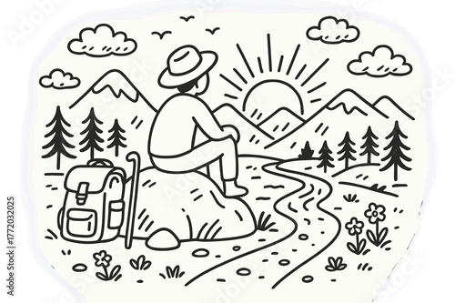 Solitary Sunset Wanderer. Solitary Traveler. Hand-drawn doodle illustration Solitary Traveler person sitting on rock, gazing at sunset, mountains, clouds,