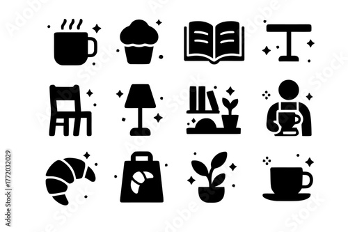 Reading Café Icons. Reading Café. Solid icons set of Reading Café: coffee mug, pastry, open book, table, chair, lamp, shelf, plant, barista cup, croissant,