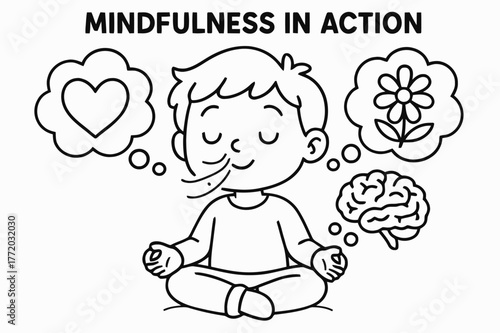 Mindfulness Coloring Book. Mindfulness in action children?s coloring book illustration, outlined drawing, a child peacefully breathing with thought bubbles