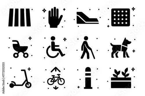 Pedestrian Icon Set. Pedestrian crosswalk and sidewalks. Solid icons set of Pedestrian crosswalk and sidewalks: zebra crosswalk, walk signal hand, curb ramp,