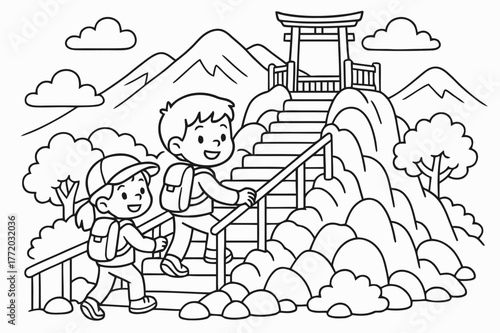 Mountain Shrine Adventure. Mountain shrine hike children?s coloring book illustration, outlined drawing, kids climbing gentle steps with railings toward a tiny