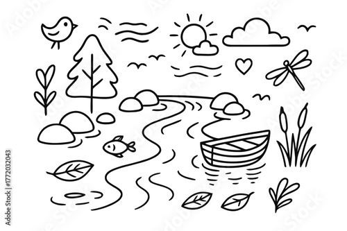 Serene River Doodle. River calmness. Hand-drawn doodle illustration river calmness flowing water, rocks, tree, leaf, fish, boat, reeds, dragonfly, bird,