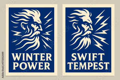 Winter Power Banners. Tempest Herald. Two vertical A6 banners with safe margins, centered composition, no elements touching edges, bold, cobalt and ivory,