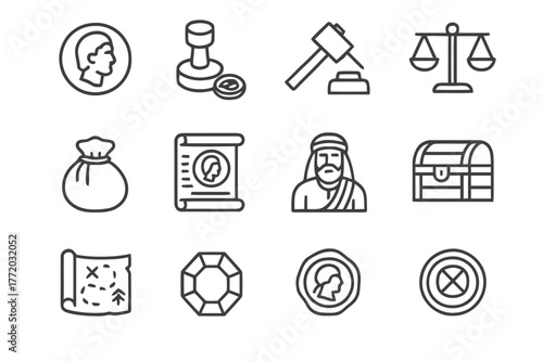 Ancient Coin Icon Set. Ancient coins and trade. Line icon set of ancient coins: coin, mint stamp, hammer, scales, purse, scroll, merchant, chest, treasure map,