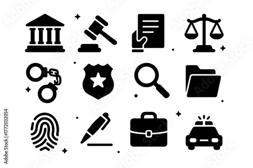 Judicial Icons Grid. Judicial Process. Solid icons set of Judicial Process: courthouse, gavel, hand holding document, legal scale, handcuffs, police badge,
