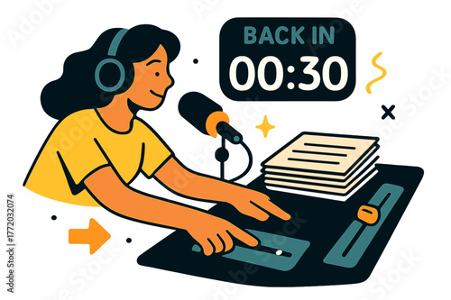 Ad Break Countdown. Radio Studio Desk ? Ad Break Prep. Timer ticks toward zero above a neat stack of cue cards; a fader eases down. Tag ?back in :? hovers with