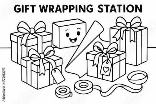 Gift Wrapping Fun. Gift Wrapping Station children?s coloring book illustration, outlined drawing, presents being wrapped with ribbons and bows, a tag with a