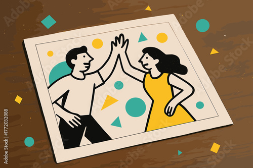 Dusty Photo Artistry. Dusty Photograph. Close-up of an old photograph on a wooden table with floating abstract geometric dust shapes, nostalgic and quiet