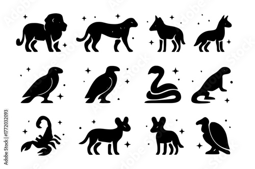 Savanna Predators Icons. Predators of the Savanna. Solid icons set of Predators of the Savanna: lion, cheetah, leopard, hyena, jackal, crocodile, eagle, snake,