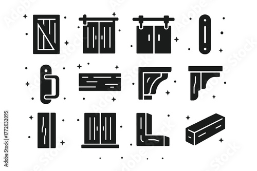 Barnwood Accents Icons. Barn door and barnwood accents. Solid icons set of Barn door and barnwood accents: Z-brace barn door, double barn doors, sliding