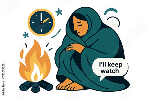 Night Watch Vigil. Keeper of the Hearth ? Night Watch. A figure wrapped in a blanket listens to the quiet crackle; clock icon rests at ?:?. Whispered caption