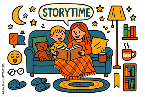 Cozy Storytime Scene. Storytime on the sofa. Colorful Hand-drawn doodle Children illustration Storytime on the sofa open book, blanket, pillows, lamp, glasses,